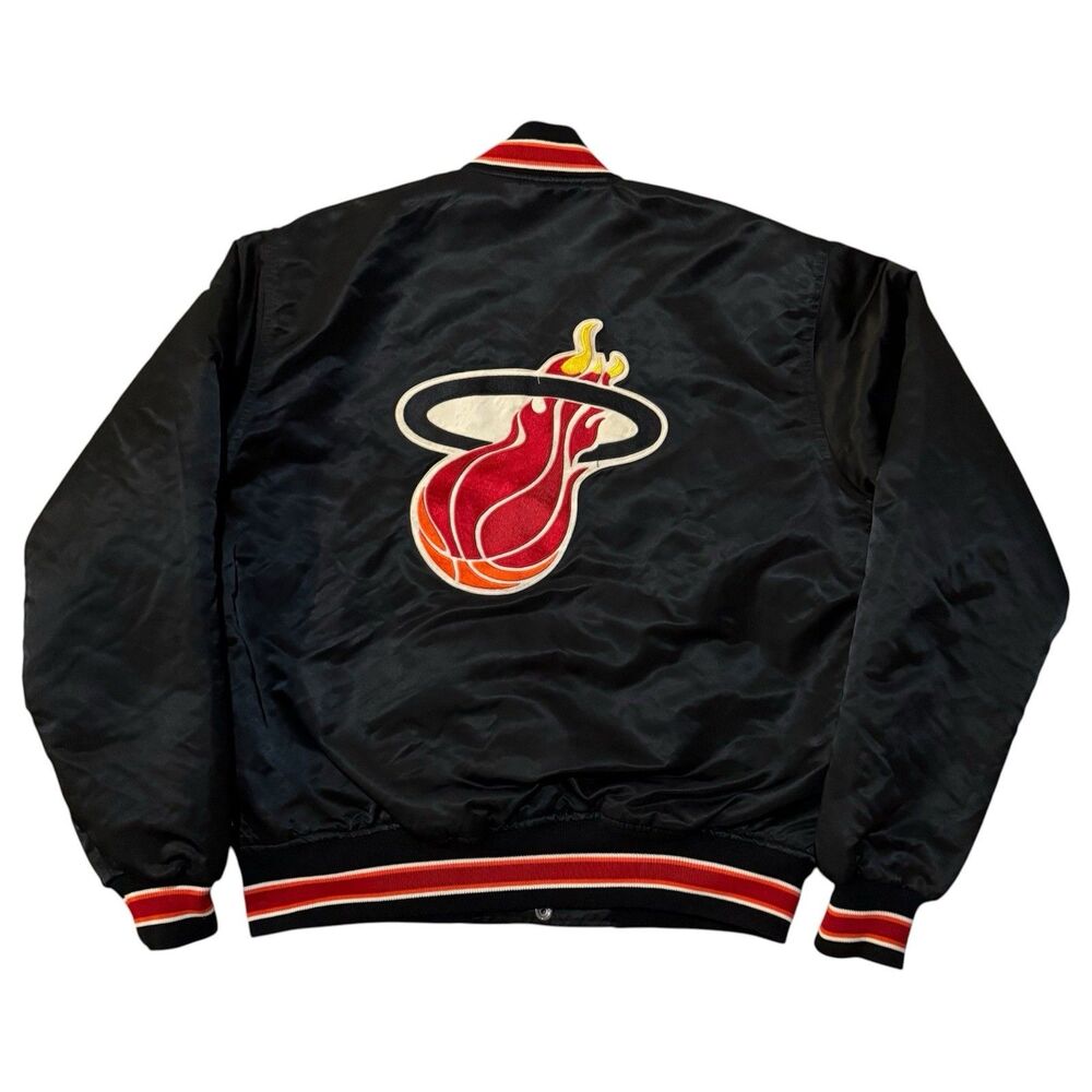 Vintage 80s Miami Heat Starter Satin Bomber Jacket L NBA Authentics USA Made Blk